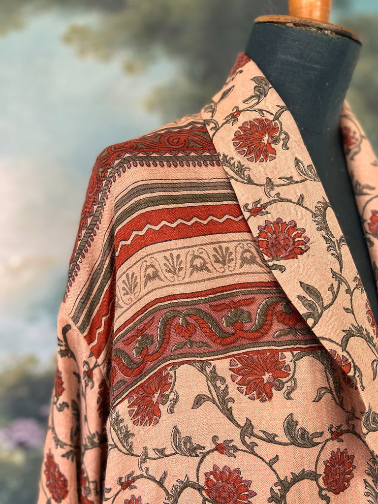 Pale peach blush and cinnamon fine wool and silk robe with wide sleeves, patch pockets and tassel sash. Bohemian style created from antique and vintage textiles by the Pavilion Parade Studio