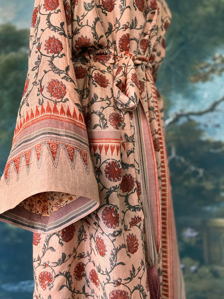 Pale peach blush and cinnamon fine wool and silk robe with wide sleeves, patch pockets and tassel sash. Bohemian style created from antique and vintage textiles by the Pavilion Parade Studio