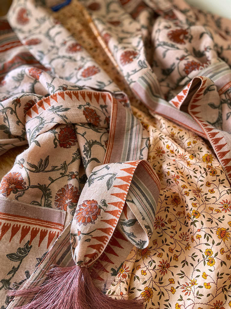 Pale peach blush and cinnamon fine wool and silk robe with wide sleeves, patch pockets and tassel sash. Bohemian style created from antique and vintage textiles by the Pavilion Parade Studio