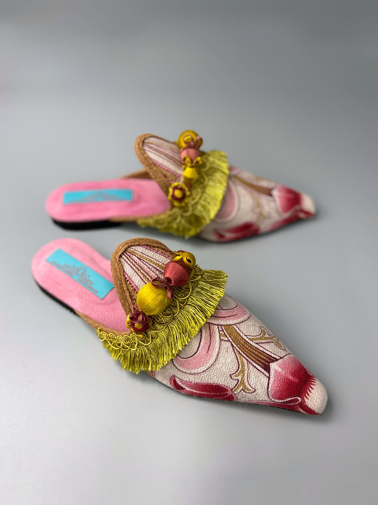 Copper pink and chartreuse Belle Époque pointed toe slipper shoes with chartreuse tassel embellishment. Bohemian styles created from antique textiles by the Pavilion Parade studio.