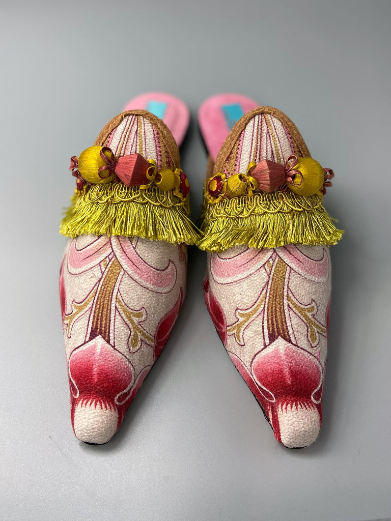 Copper pink and chartreuse Belle Époque pointed toe slipper shoes with chartreuse tassel embellishment. Bohemian styles created from antique textiles by the Pavilion Parade studio.