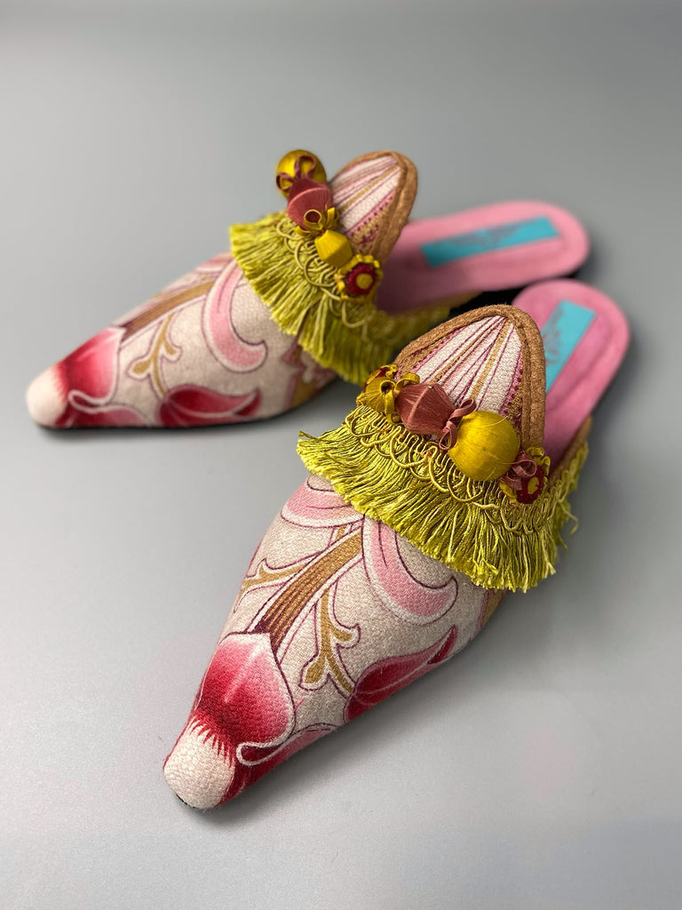Copper pink and chartreuse Belle Époque pointed toe slipper shoes with chartreuse tassel embellishment. Bohemian styles created from antique textiles by the Pavilion Parade studio.