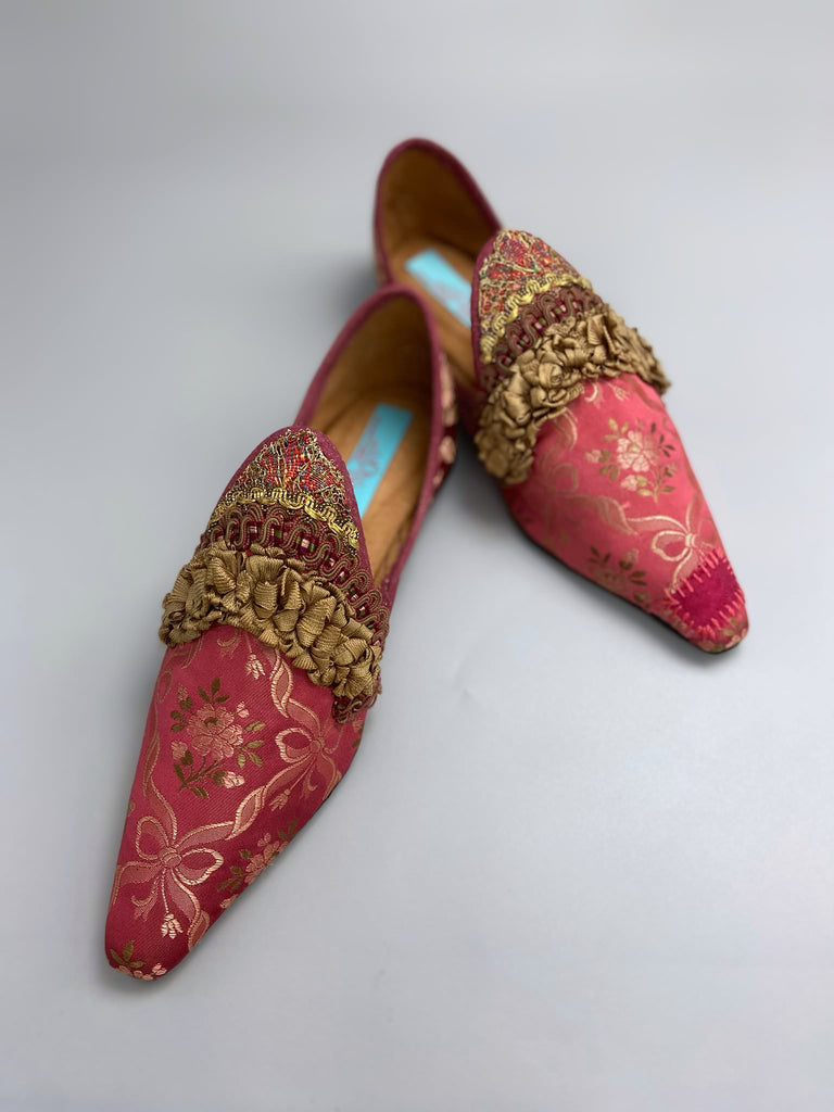 Deep rose pink and gold silk brocade pointed toe shoes sustainably created using antique textiles and embellishments by the Pavilion Parade studio.