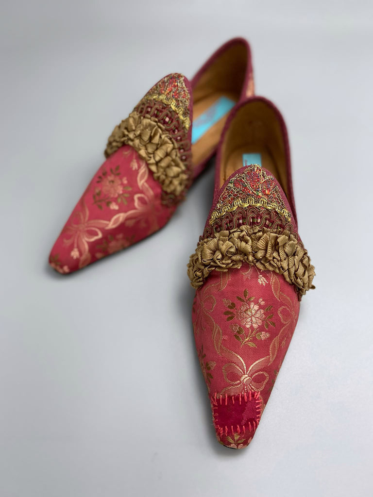 Deep rose pink and gold silk brocade pointed toe shoes sustainably created using antique textiles and embellishments by the Pavilion Parade studio.