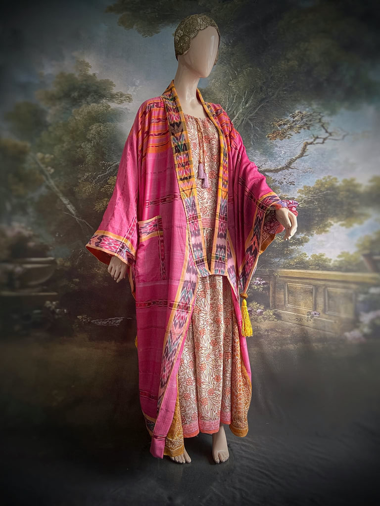 Pink Ikat hand-loomed pure cotton lined kimono robe. Bohemian styles created from vintage and antique textiles in the UK by the Pavilion Parade studio.