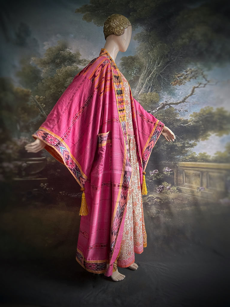 Pink Ikat hand-loomed pure cotton lined kimono robe. Bohemian styles created from vintage and antique textiles in the UK by the Pavilion Parade studio.