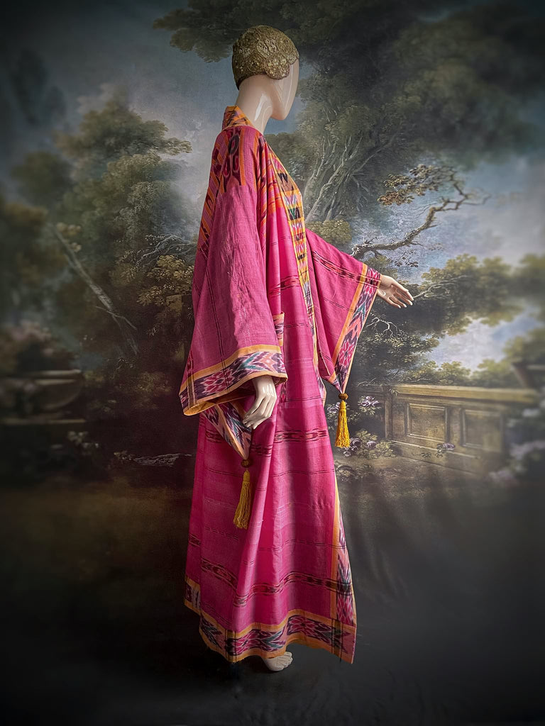 Pink Ikat hand-loomed pure cotton lined kimono robe. Bohemian styles created from vintage and antique textiles in the UK by the Pavilion Parade studio.