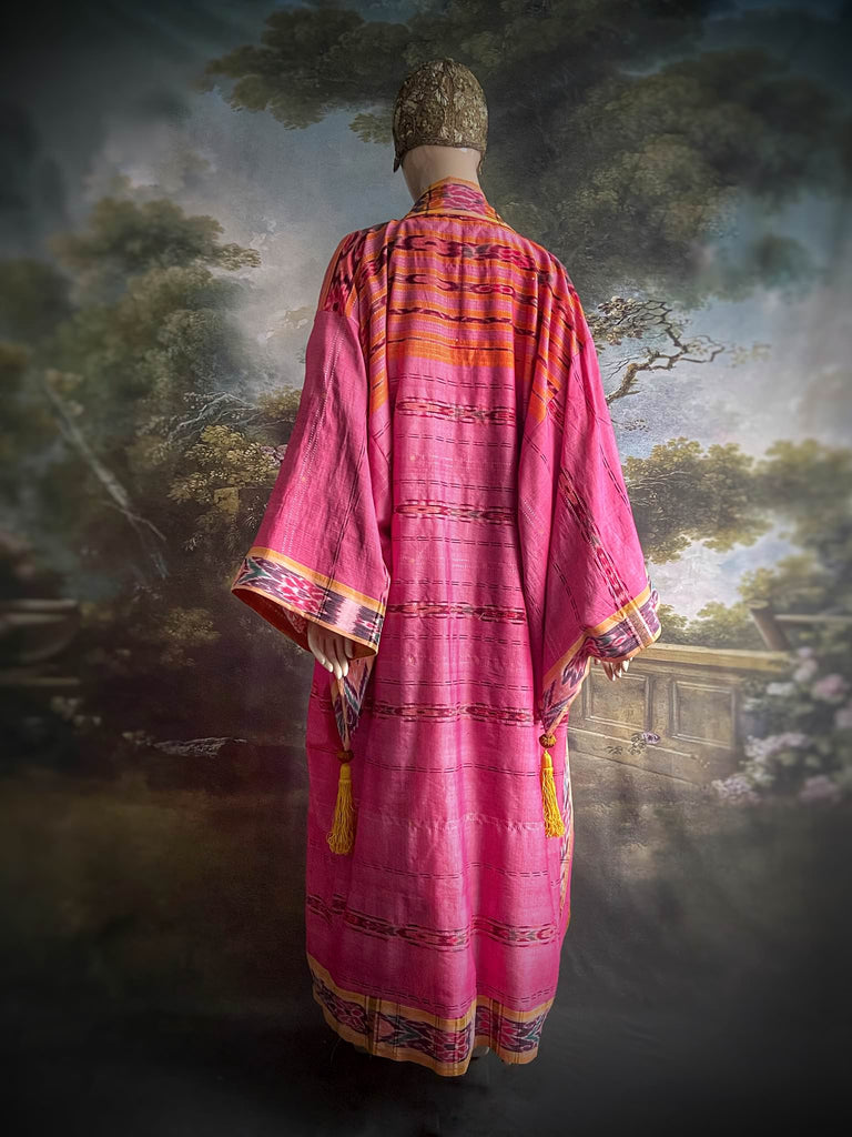 Pink Ikat hand-loomed pure cotton lined kimono robe. Bohemian styles created from vintage and antique textiles in the UK by the Pavilion Parade studio.