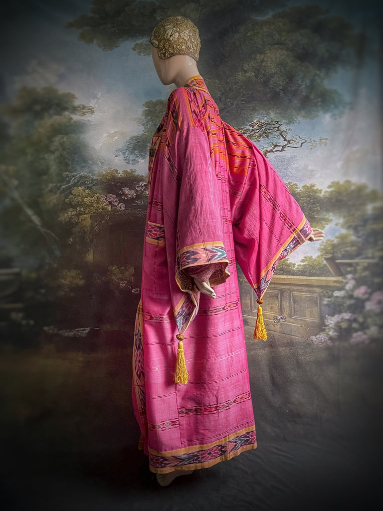 Pink Ikat hand-loomed pure cotton lined kimono robe. Bohemian styles created from vintage and antique textiles in the UK by the Pavilion Parade studio.
