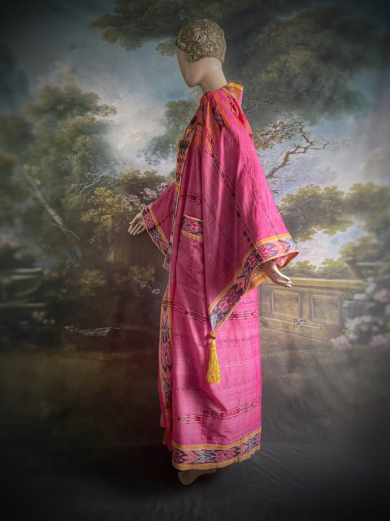 Pink Ikat hand-loomed pure cotton lined kimono robe. Bohemian styles created from vintage and antique textiles in the UK by the Pavilion Parade studio.