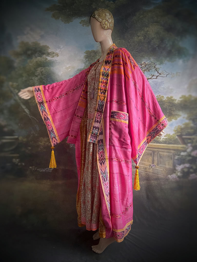 Pink Ikat hand-loomed pure cotton lined kimono robe. Bohemian styles created from vintage and antique textiles in the UK by the Pavilion Parade studio.