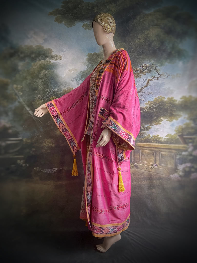 Pink Ikat hand-loomed pure cotton lined kimono robe. Bohemian styles created from vintage and antique textiles in the UK by the Pavilion Parade studio.