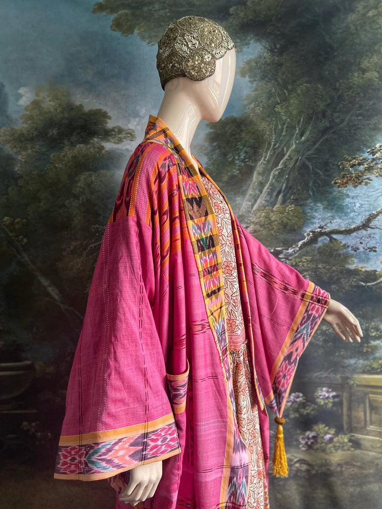 Pink Ikat hand-loomed pure cotton lined kimono robe. Bohemian styles created from vintage and antique textiles in the UK by the Pavilion Parade studio.