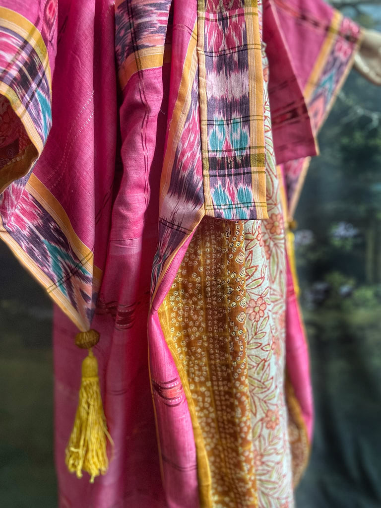 Pink Ikat hand-loomed pure cotton lined kimono robe. Bohemian styles created from vintage and antique textiles in the UK by the Pavilion Parade studio.