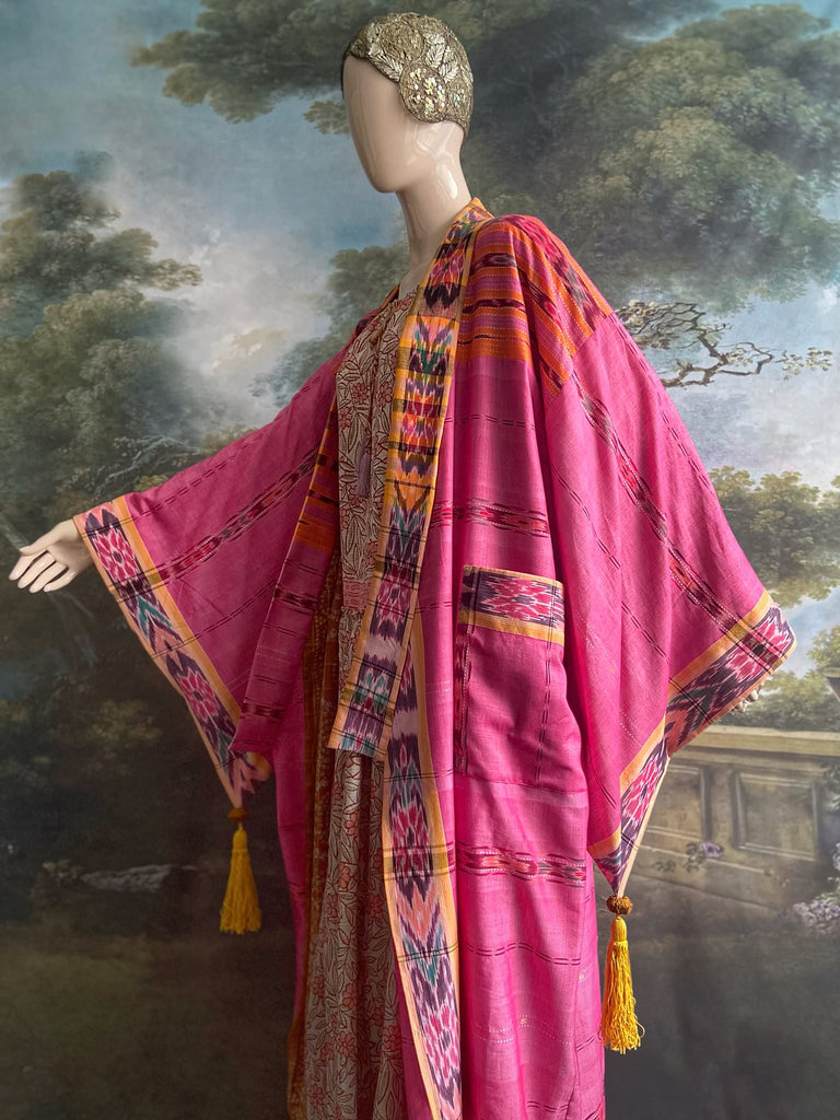 Pink Ikat hand-loomed pure cotton lined kimono robe. Bohemian styles created from vintage and antique textiles in the UK by the Pavilion Parade studio.
