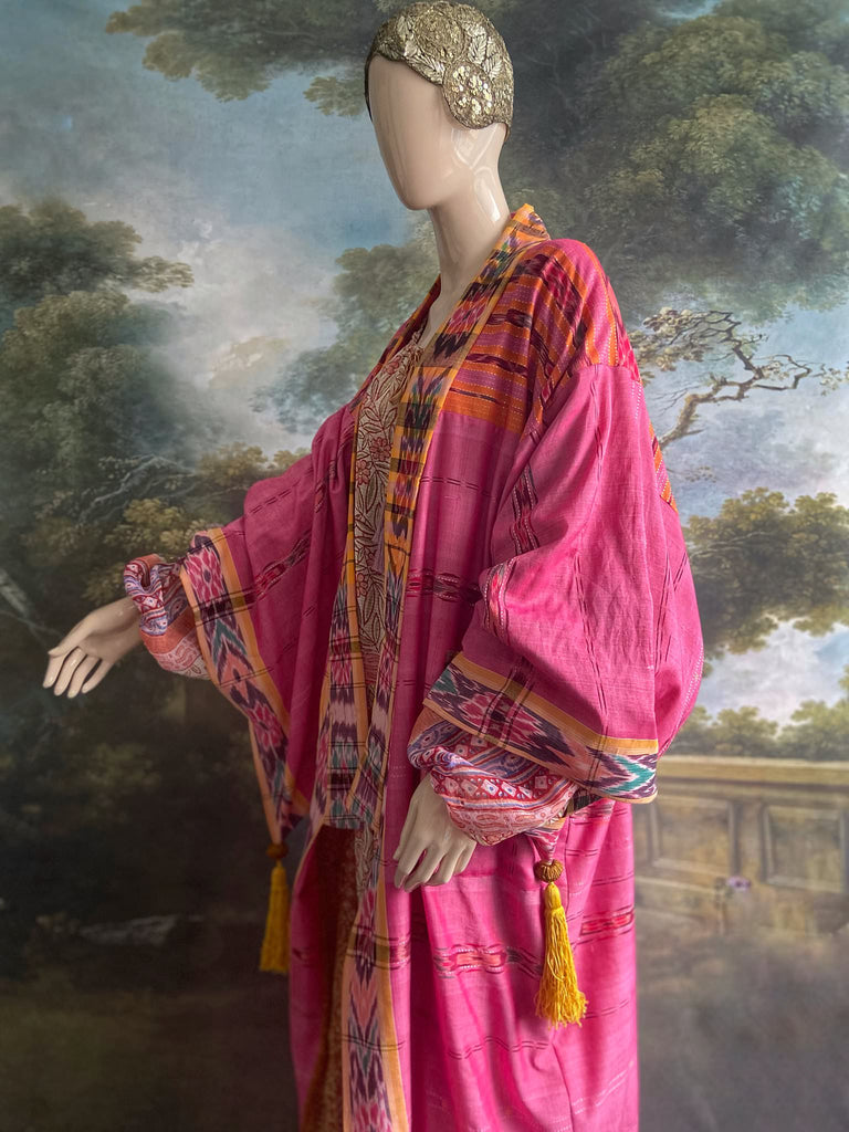 Pink Ikat hand-loomed pure cotton lined kimono robe. Bohemian styles created from vintage and antique textiles in the UK by the Pavilion Parade studio.