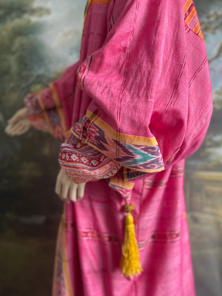 Pink Ikat hand-loomed pure cotton lined kimono robe. Bohemian styles created from vintage and antique textiles in the UK by the Pavilion Parade studio.