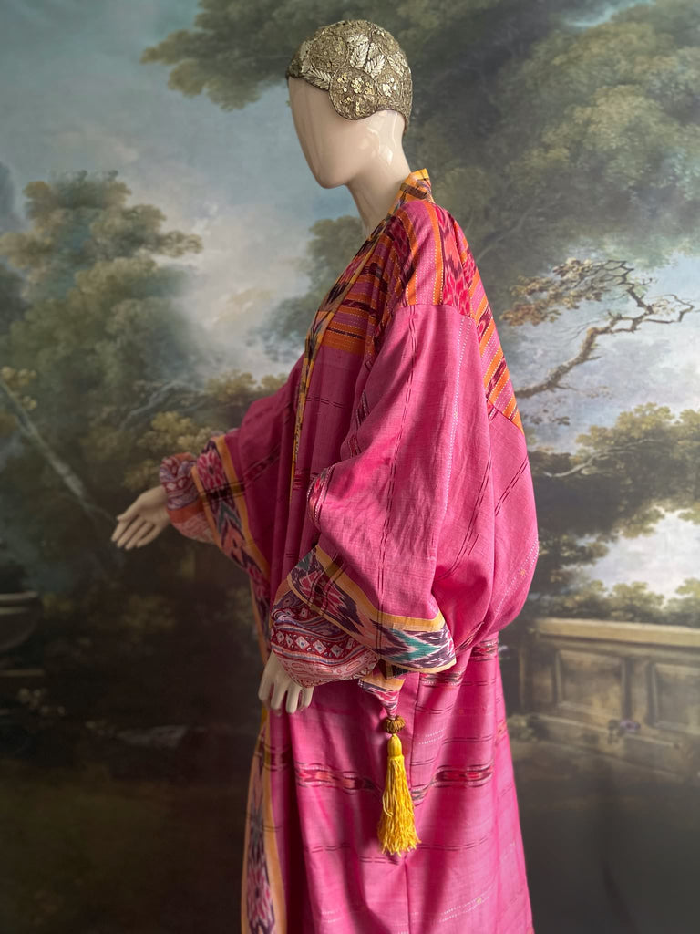 Pink Ikat hand-loomed pure cotton lined kimono robe. Bohemian styles created from vintage and antique textiles in the UK by the Pavilion Parade studio.