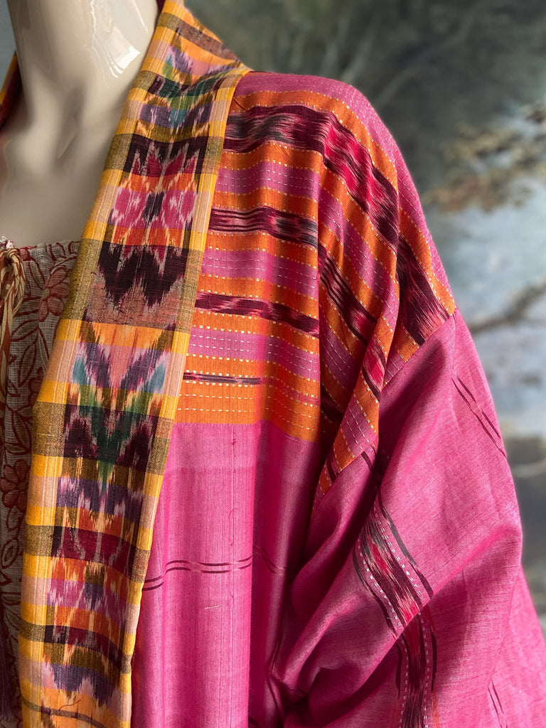 Pink Ikat hand-loomed pure cotton lined kimono robe. Bohemian styles created from vintage and antique textiles in the UK by the Pavilion Parade studio.