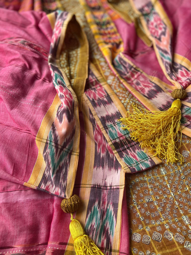 Pink Ikat hand-loomed pure cotton lined kimono robe. Bohemian styles created from vintage and antique textiles in the UK by the Pavilion Parade studio.
