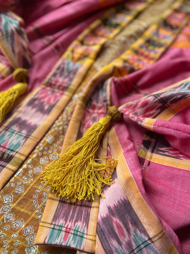 Pink Ikat hand-loomed pure cotton lined kimono robe. Bohemian styles created from vintage and antique textiles in the UK by the Pavilion Parade studio.