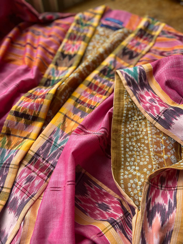 Pink Ikat hand-loomed pure cotton lined kimono robe. Bohemian styles created from vintage and antique textiles in the UK by the Pavilion Parade studio.