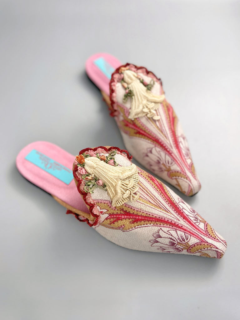 Ivory, pink and raspberry Belle Epoque shoes sustainably created from antique textiles by the Pavilion Parade studio