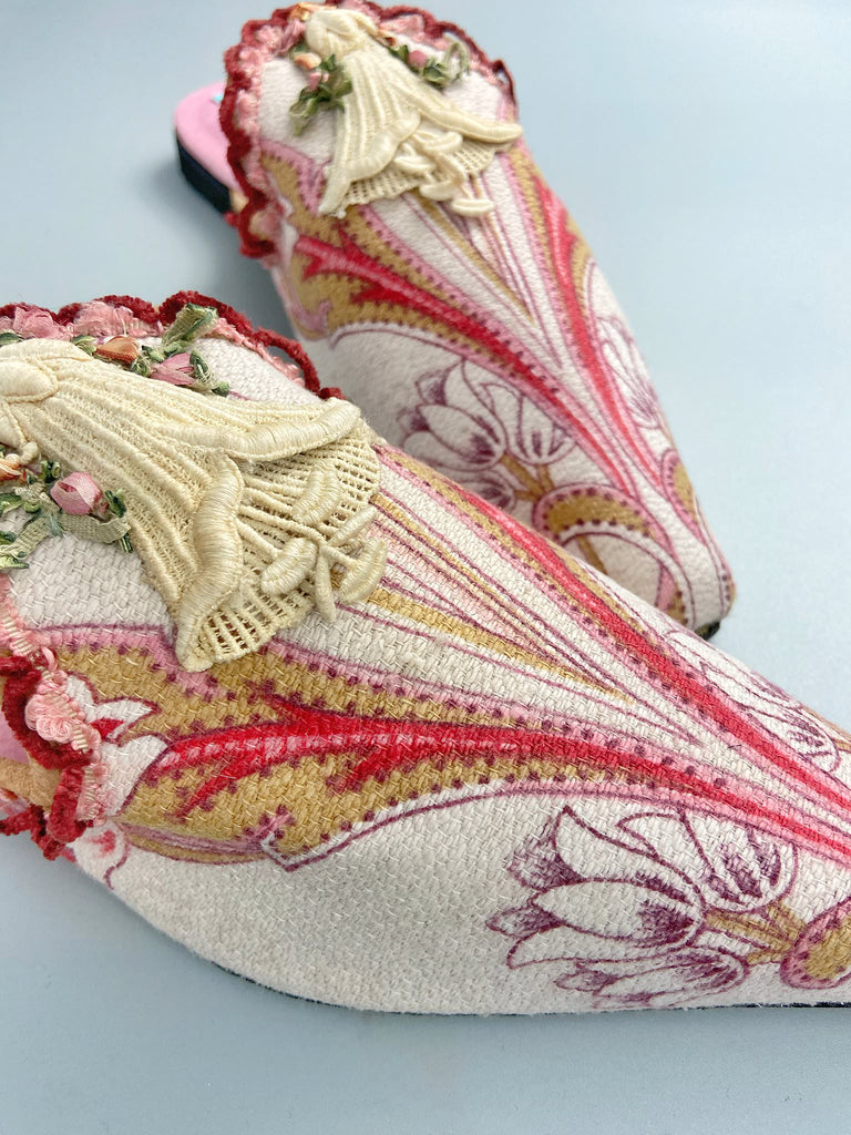 Ivory, pink and raspberry Belle Epoque shoes sustainably created from antique textiles by the Pavilion Parade studio