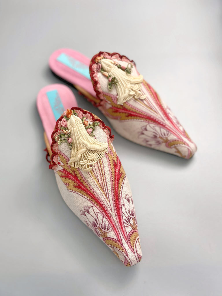 Ivory, pink and raspberry Belle Epoque shoes sustainably created from antique textiles by the Pavilion Parade studio