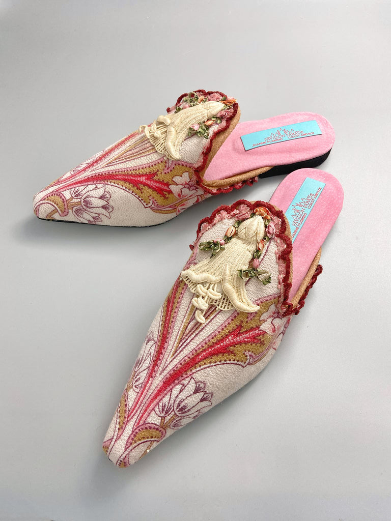 Ivory, pink and raspberry Belle Epoque shoes sustainably created from antique textiles by the Pavilion Parade studio
