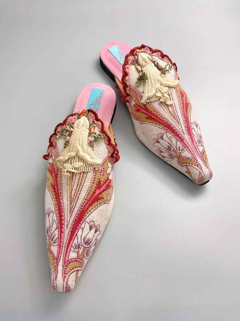 Ivory, pink and raspberry Belle Epoque shoes sustainably created from antique textiles by the Pavilion Parade studio