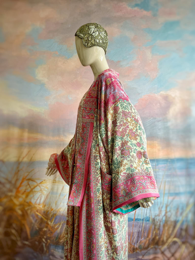 1920s inspired silk kimono robe created from vintage ivory, lavender and pink silk crepe. Unique bohemian designs from the Pavilion Parade studio.