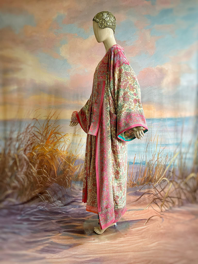1920s inspired silk kimono robe created from vintage ivory, lavender and pink silk crepe. Unique bohemian designs from the Pavilion Parade studio.