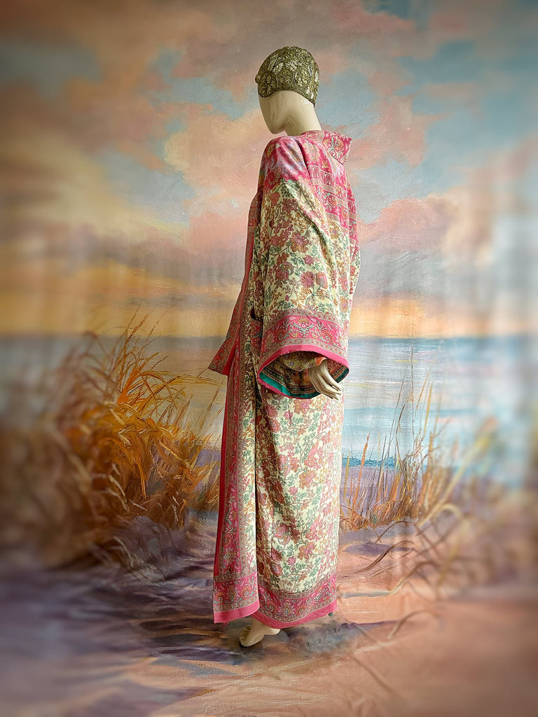 1920s inspired silk kimono robe created from vintage ivory, lavender and pink silk crepe. Unique bohemian designs from the Pavilion Parade studio.