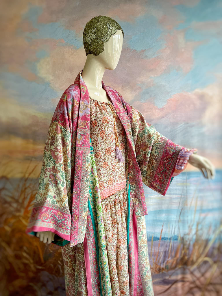1920s inspired silk kimono robe created from vintage ivory, lavender and pink silk crepe. Unique bohemian designs from the Pavilion Parade studio.