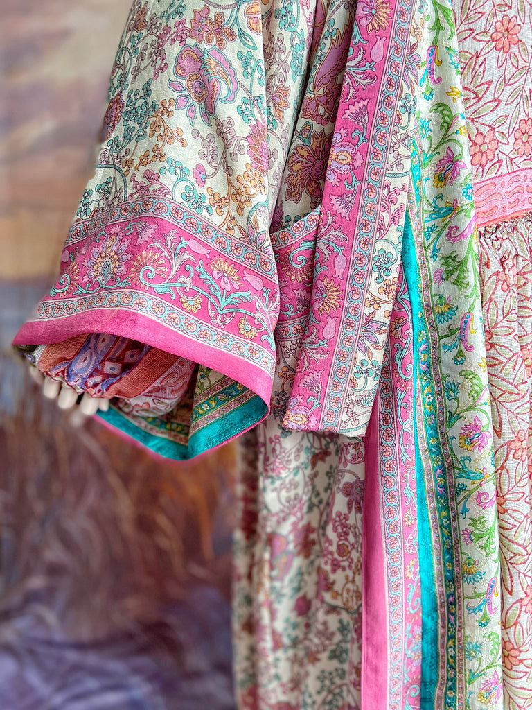 1920s inspired silk kimono robe created from vintage ivory, lavender and pink silk crepe. Unique bohemian designs from the Pavilion Parade studio.