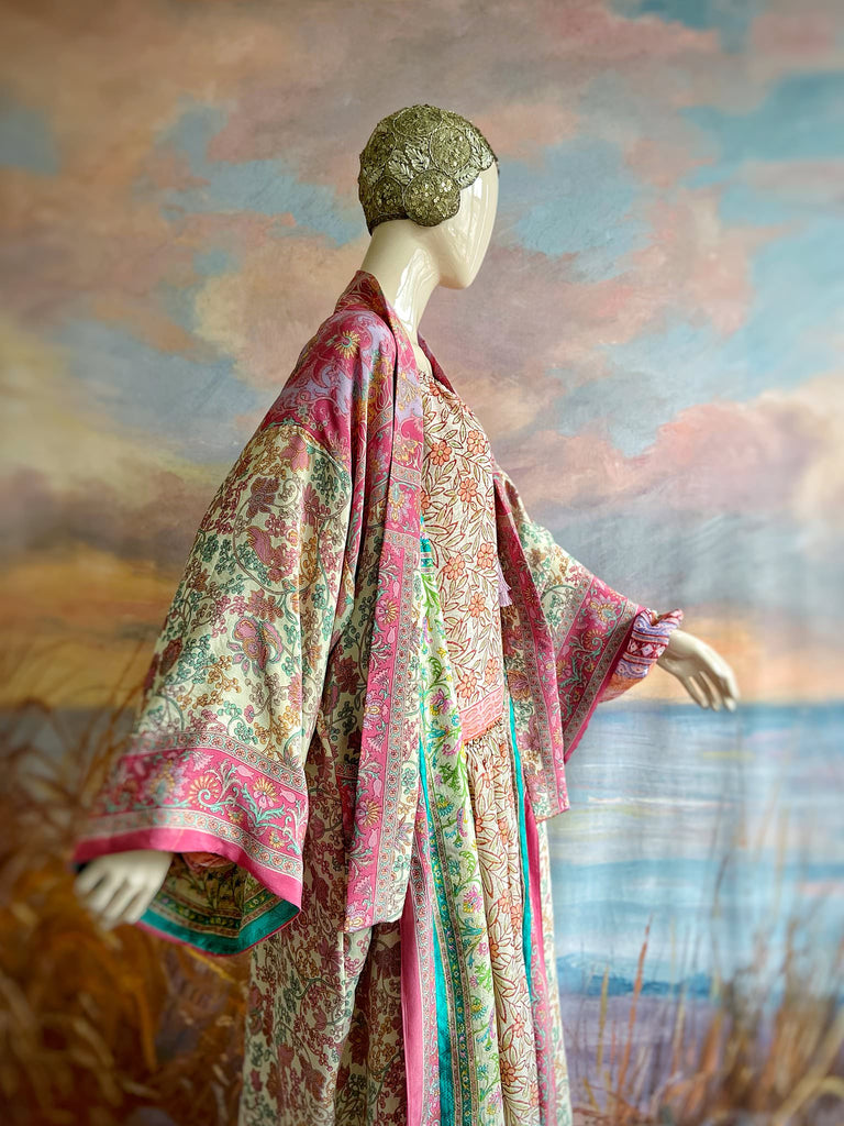 1920s inspired silk kimono robe created from vintage ivory, lavender and pink silk crepe. Unique bohemian designs from the Pavilion Parade studio.
