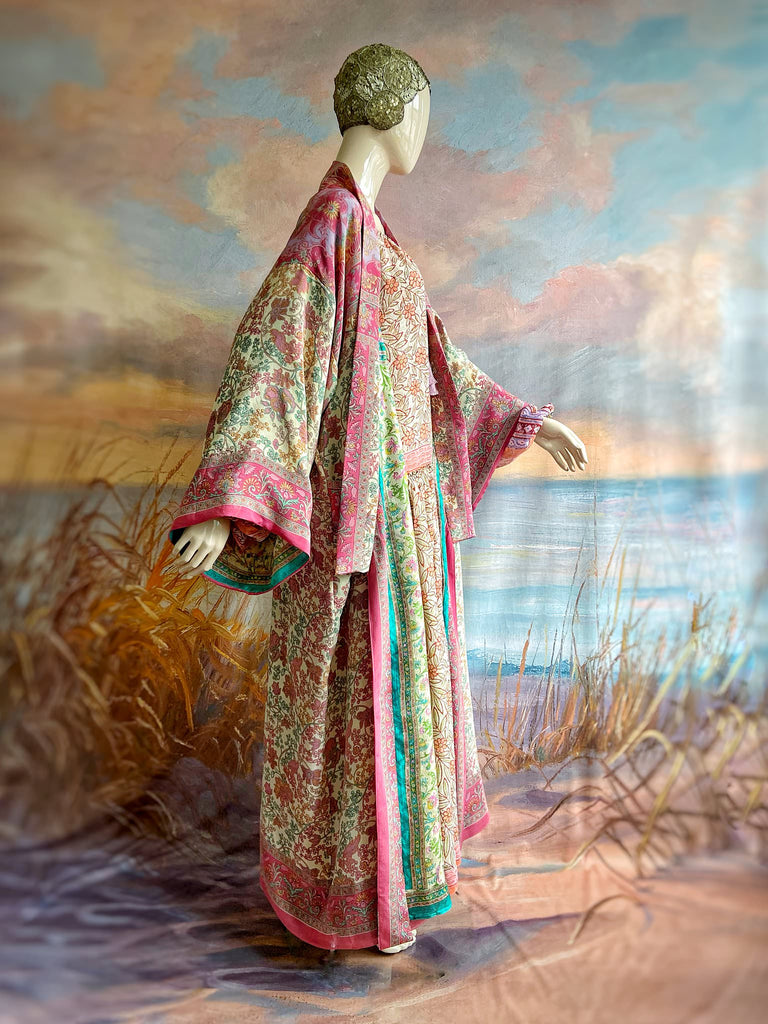 1920s inspired silk kimono robe created from vintage ivory, lavender and pink silk crepe. Unique bohemian designs from the Pavilion Parade studio.