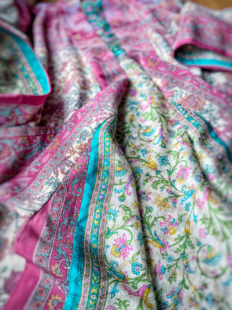 1920s inspired silk kimono robe created from vintage ivory, lavender and pink silk crepe. Unique bohemian designs from the Pavilion Parade studio.