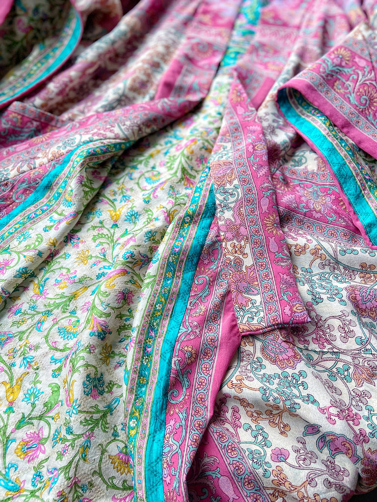 1920s inspired silk kimono robe created from vintage ivory, lavender and pink silk crepe. Unique bohemian designs from the Pavilion Parade studio.