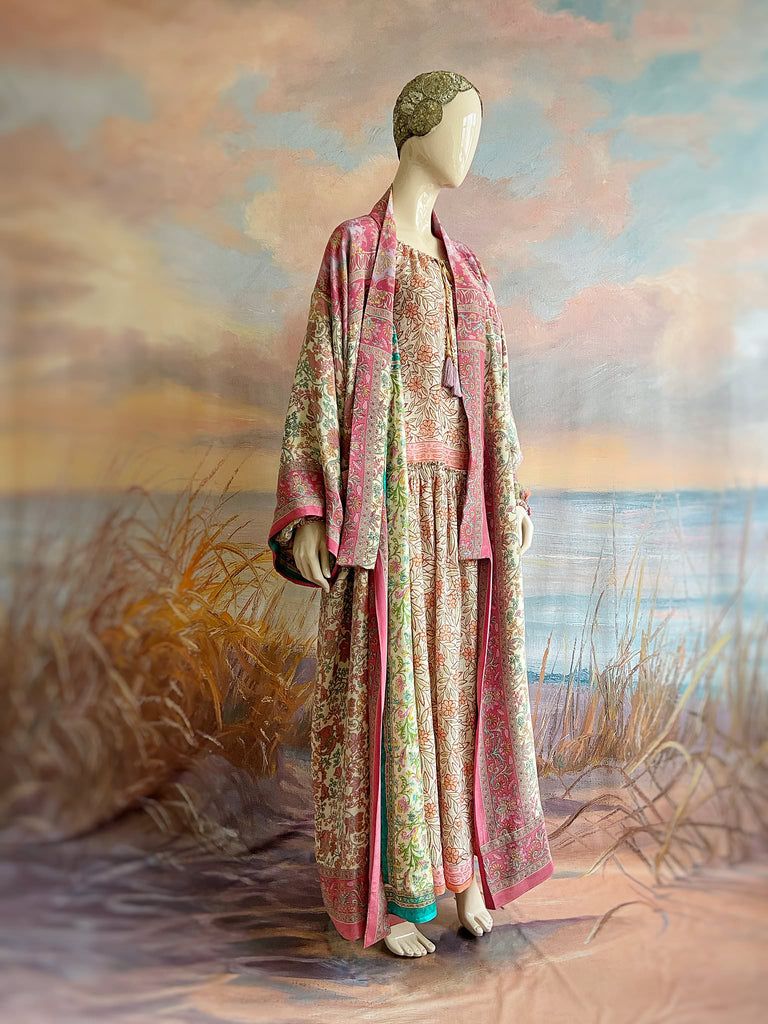 1920s inspired silk kimono robe created from vintage ivory, lavender and pink silk crepe. Unique bohemian designs from the Pavilion Parade studio.