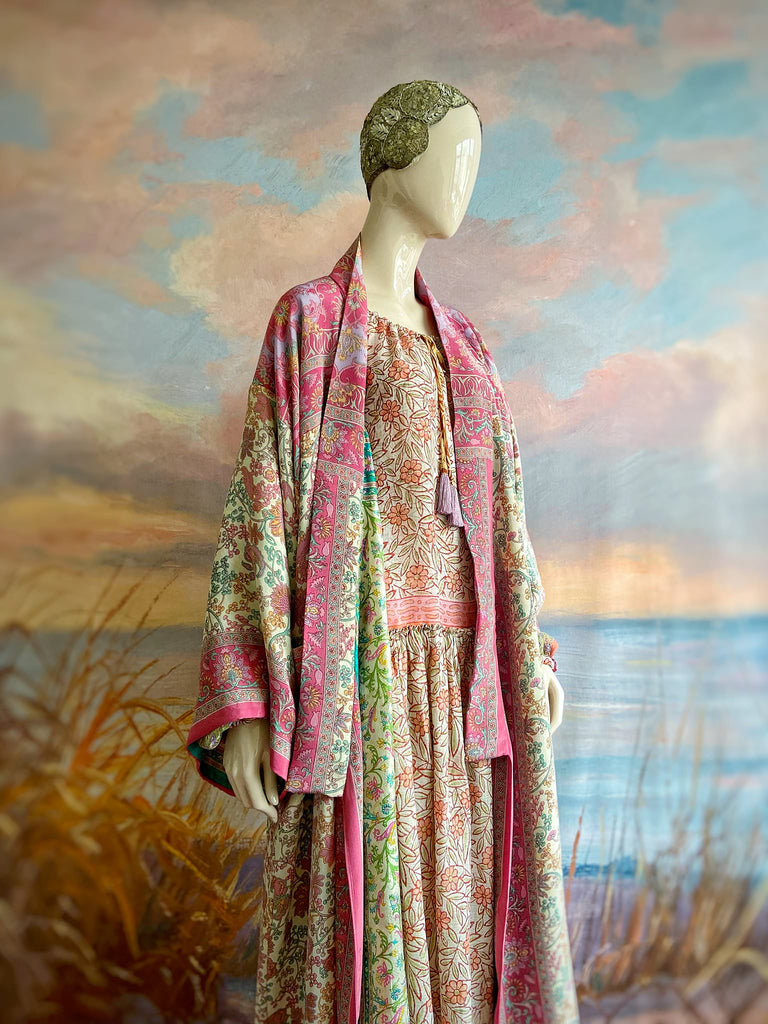 1920s inspired silk kimono robe created from vintage ivory, lavender and pink silk crepe. Unique bohemian designs from the Pavilion Parade studio.