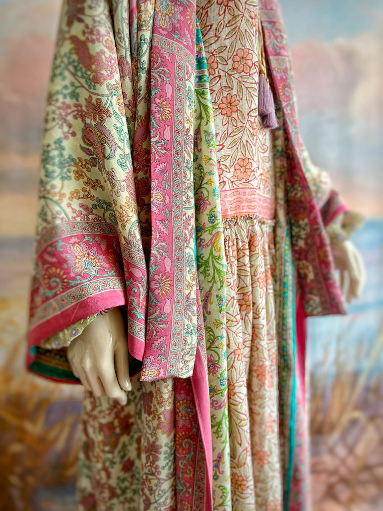 1920s inspired silk kimono robe created from vintage ivory, lavender and pink silk crepe. Unique bohemian designs from the Pavilion Parade studio.