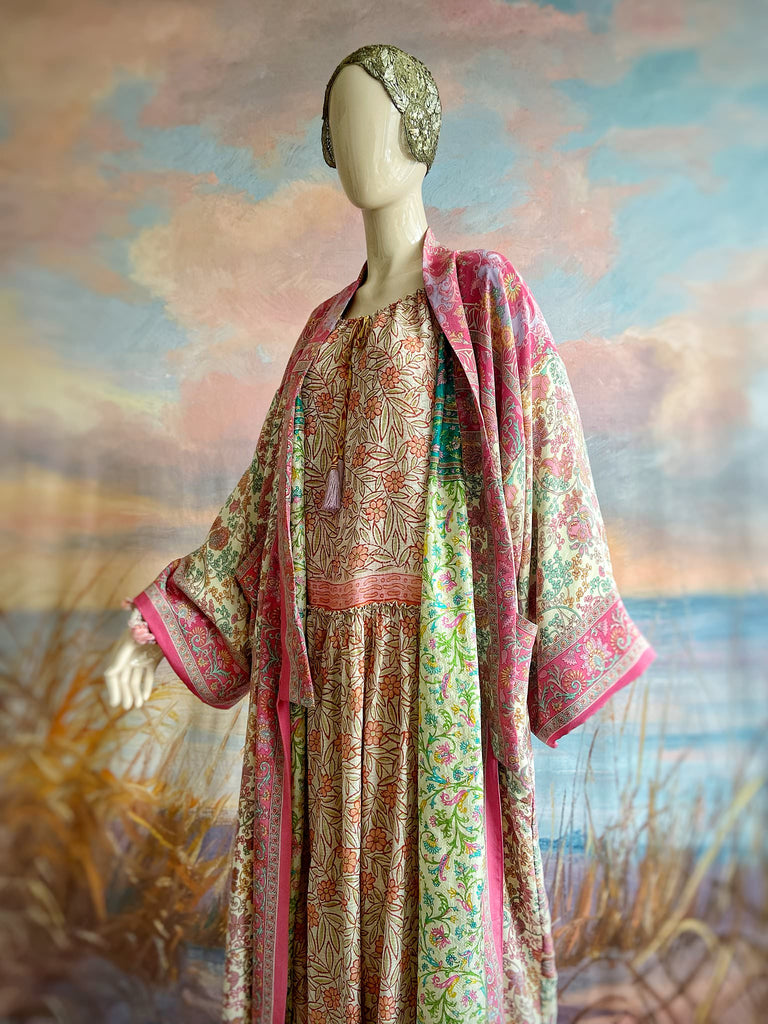 1920s inspired silk kimono robe created from vintage ivory, lavender and pink silk crepe. Unique bohemian designs from the Pavilion Parade studio.