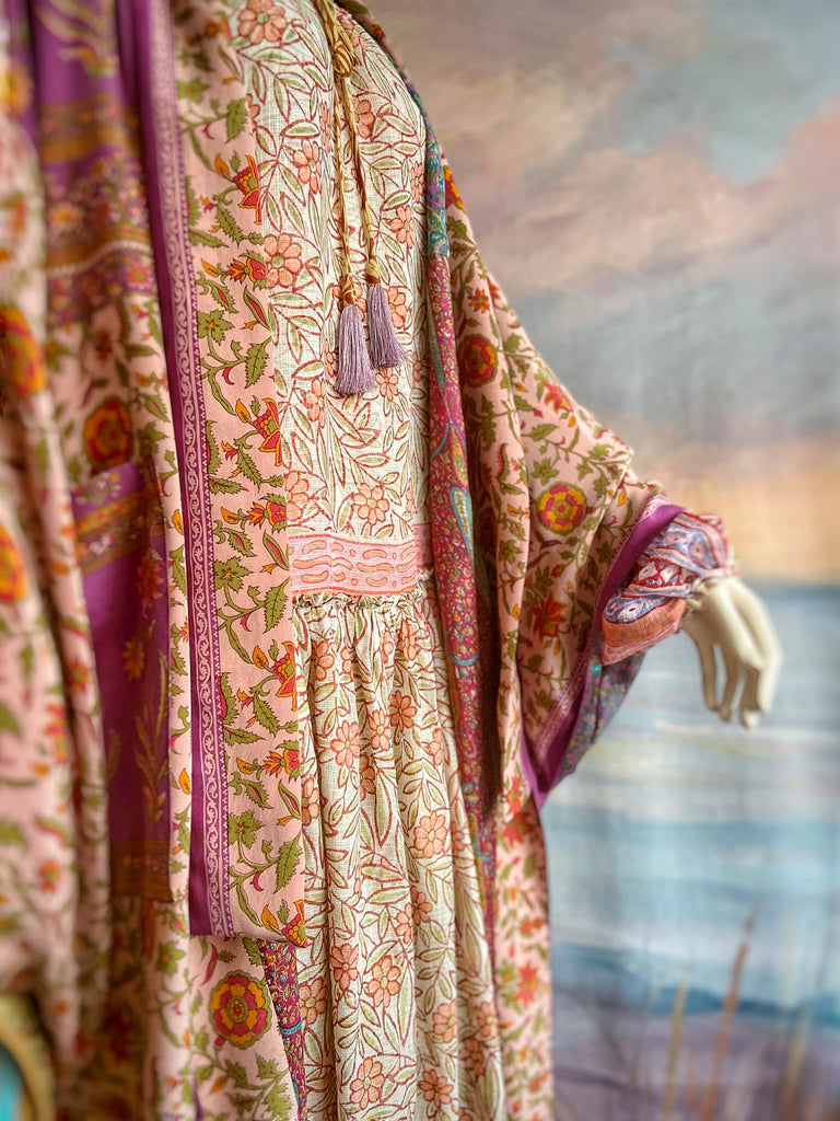 1920s inspired silk kimono robe created from vintage orchid, blush pink and lavender silk crepe. Unique bohemian designs from the Pavilion Parade studio.