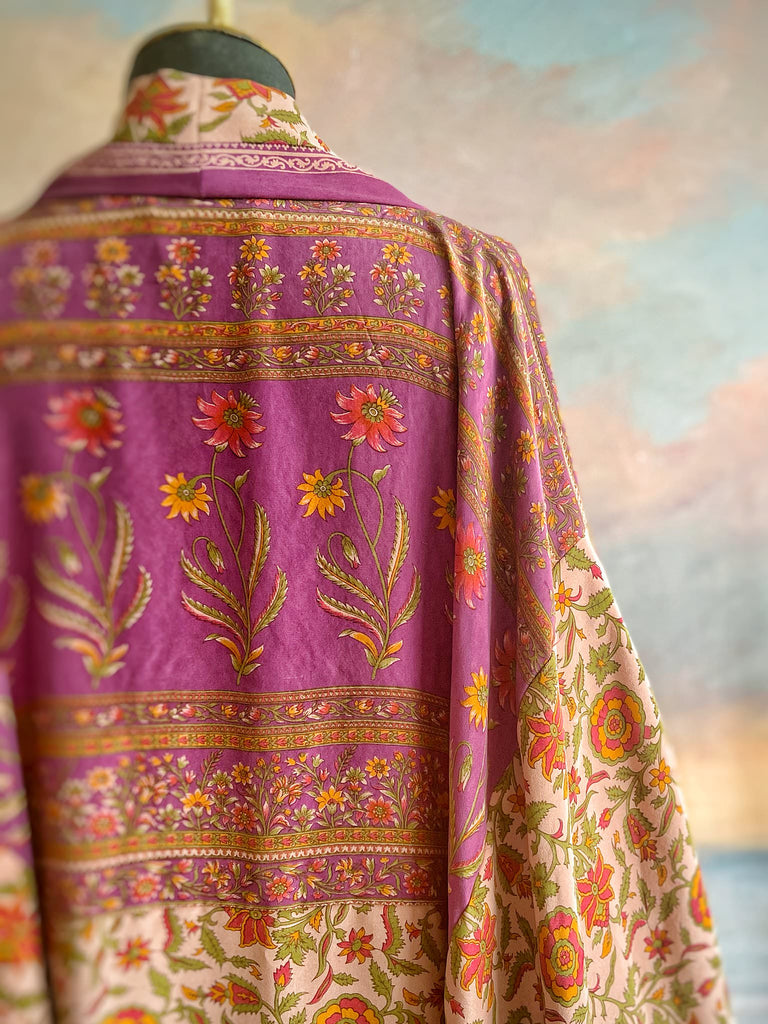 1920s inspired silk kimono robe created from vintage orchid, blush pink and lavender silk crepe. Unique bohemian designs from the Pavilion Parade studio.