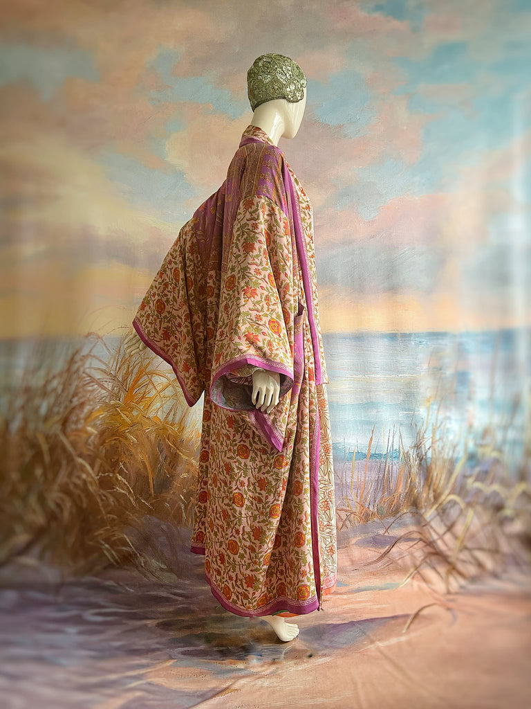 1920s inspired silk kimono robe created from vintage orchid, blush pink and lavender silk crepe. Unique bohemian designs from the Pavilion Parade studio.