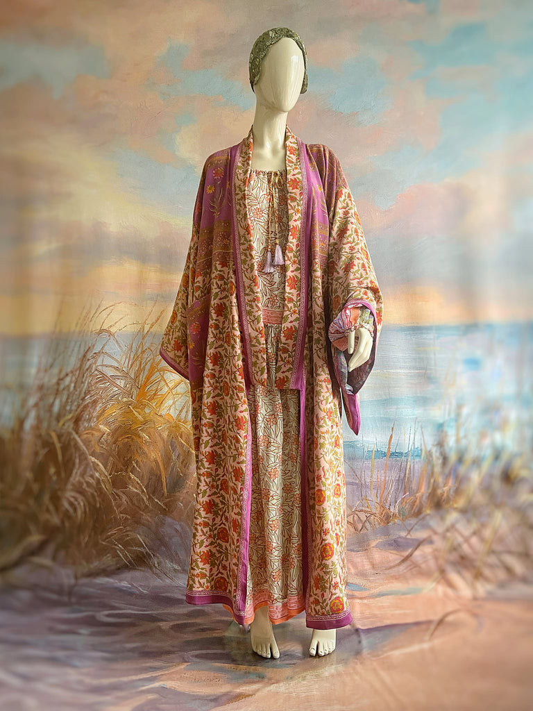 1920s inspired silk kimono robe created from vintage orchid, blush pink and lavender silk crepe. Unique bohemian designs from the Pavilion Parade studio.