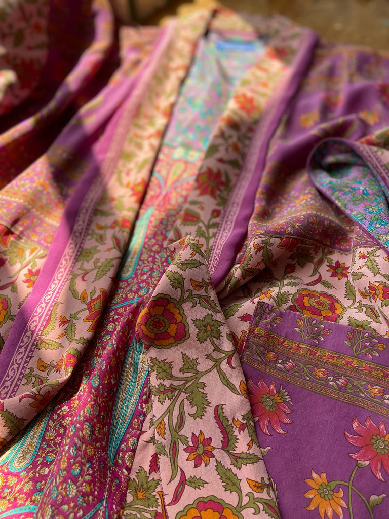 1920s inspired silk kimono robe created from vintage orchid, blush pink and lavender silk crepe. Unique bohemian designs from the Pavilion Parade studio.