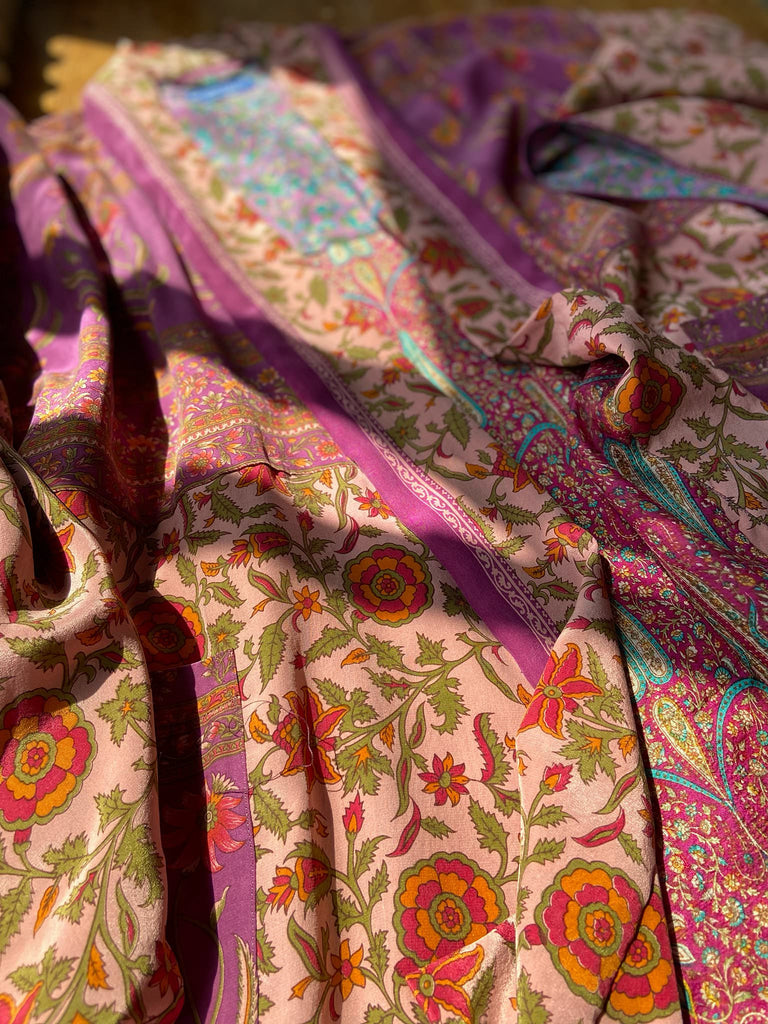 1920s inspired silk kimono robe created from vintage orchid, blush pink and lavender silk crepe. Unique bohemian designs from the Pavilion Parade studio.